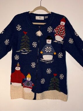 Cozy Navy Snowman Zip-Up Sweater - Women